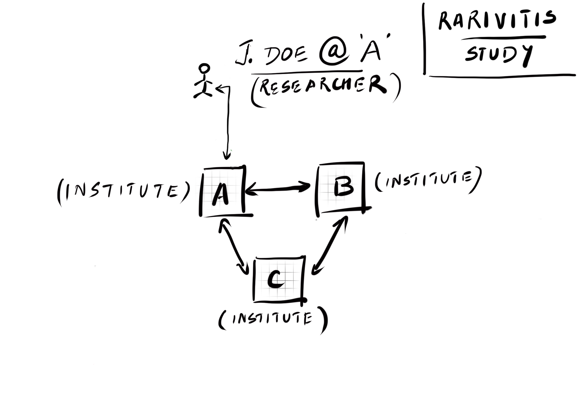 Diagram showing three institutes sharing data with a researcher of one institute logging in