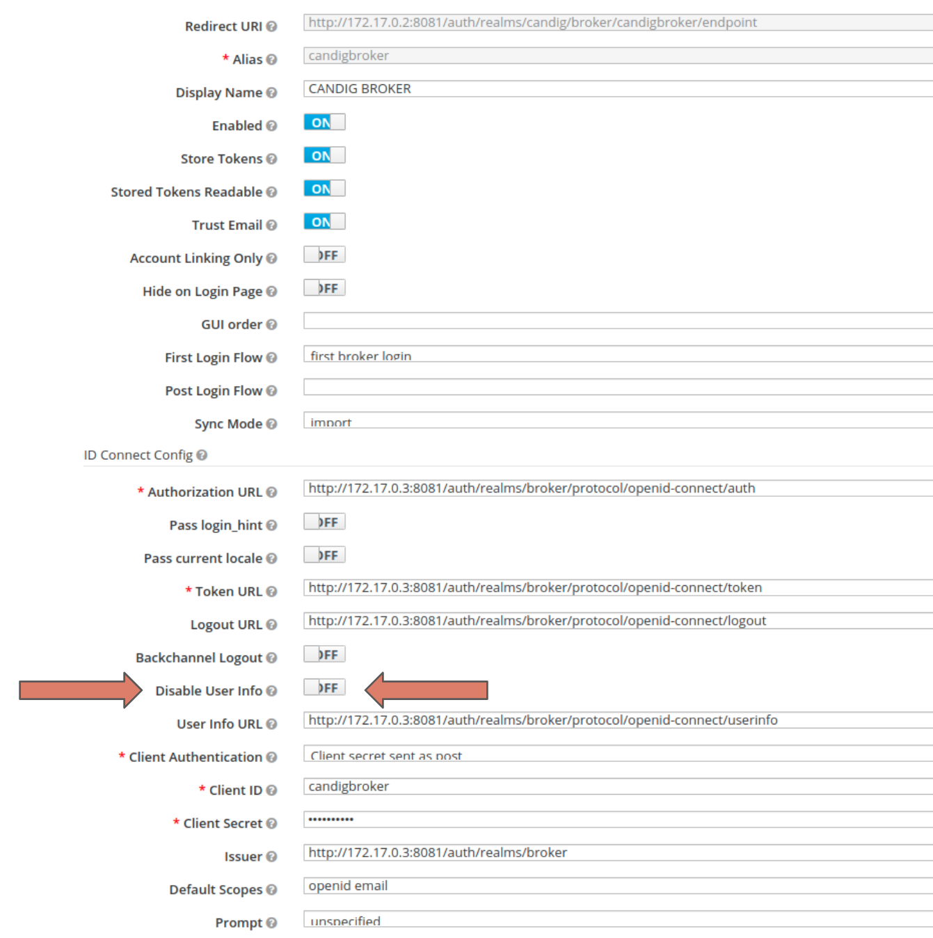 Screenshot of the settings page in Keycloak for an Identity Broker with markers to show the userinfo toggle.